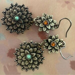 Floral Antique Earrings with Turquoise and Amber Accents